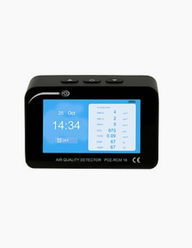 Temperature meter. TFT display. Robust metal casing. Air quality. USB. Alarm Clock.  Check air quality. PCE-RCM 16. Conservatis