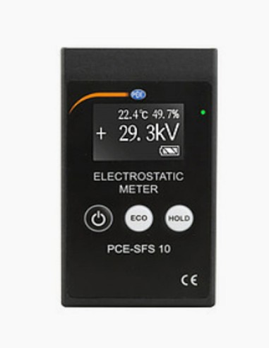 Electrostatic field meter. PCE-SFS 10. 9 V battery. Indicates battery status. Environmental tester. Conservatis