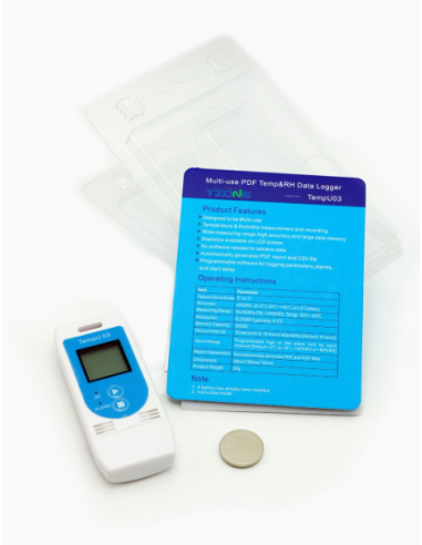 Registratore di dati. TEMP U03. USB. Multiuso. Confezione, manuale d'uso e batteria del registratore di temperatura e umidità. C