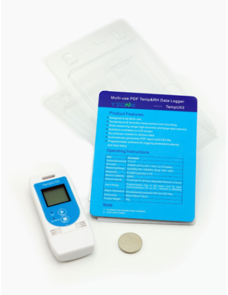 Registratore di dati. TEMP U03. USB. Multiuso. Confezione, manuale d'uso e batteria del registratore di temperatura e umidità. C
