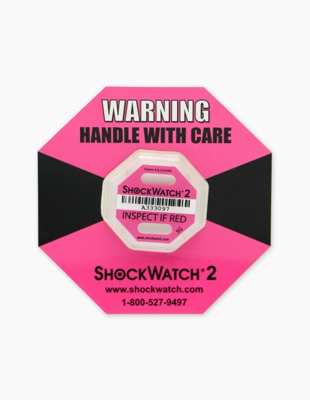 Shockwatch. Companion Label 1 et dans son centre le Shockwatch 2 5G (Pink) qui correspond. Indicateur de Choc. Conservatis