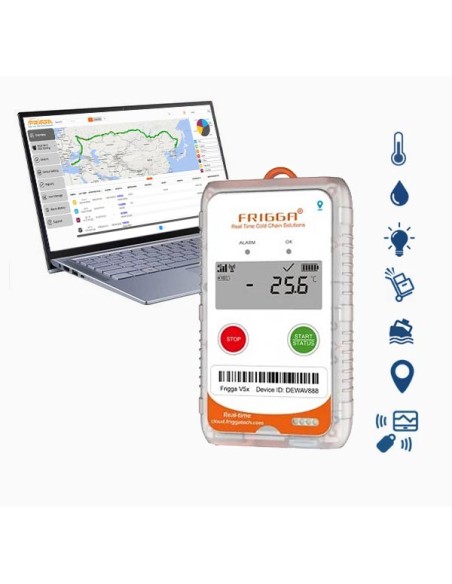 Frigga data logger. Temperatur, Neigung, Bewegungsstatus, Feuchtigkeit, Licht, Stöße, Beschleunigung und den genauen Ort